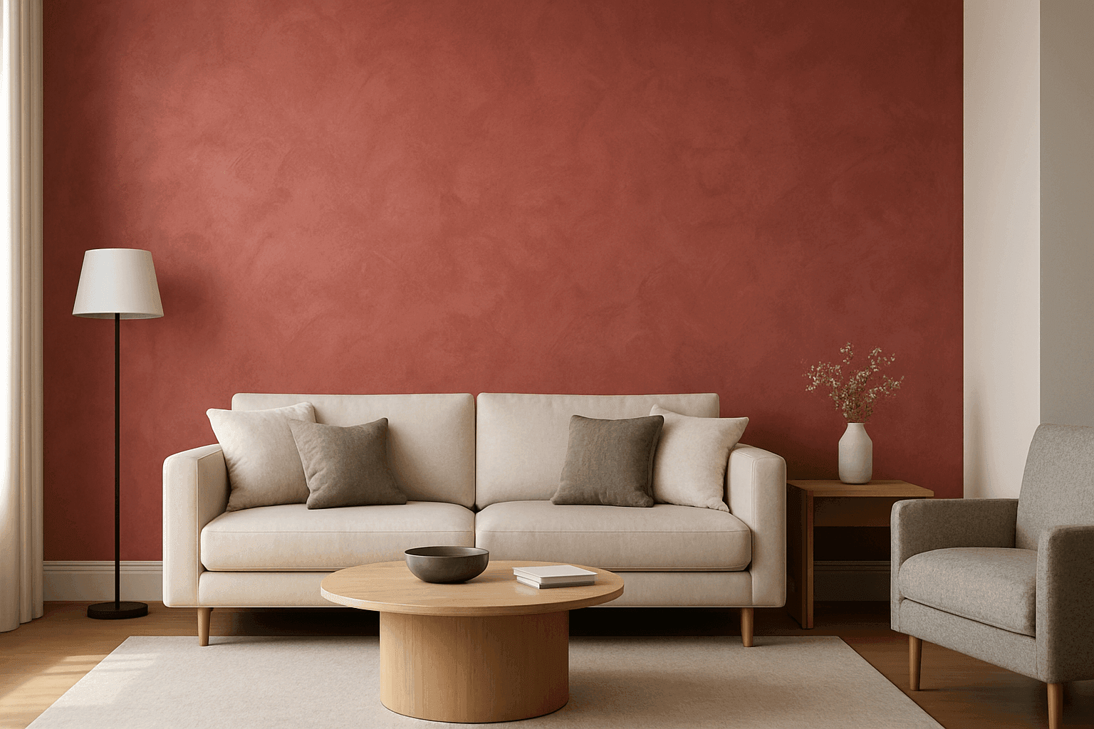 Living room with bold painted accent wall and textured finish