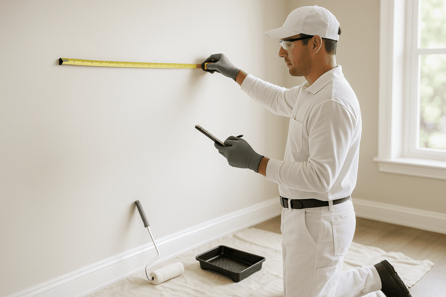 Painter measuring wall area with tape measure and notepad