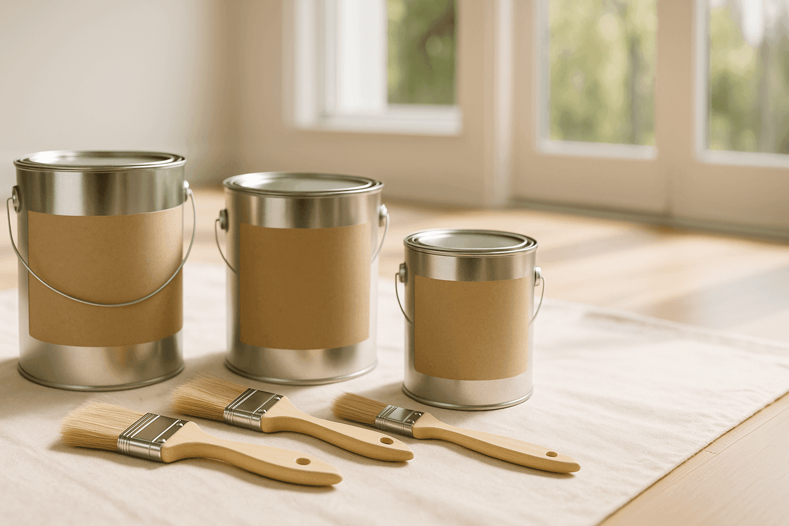 Eco-friendly paint cans and brushes on drop cloth in sunlit room