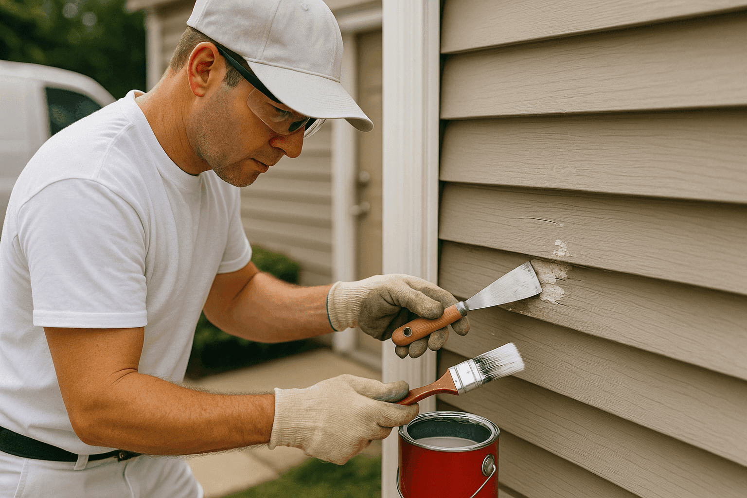Professional painter performing emergency exterior painting repairs on a house