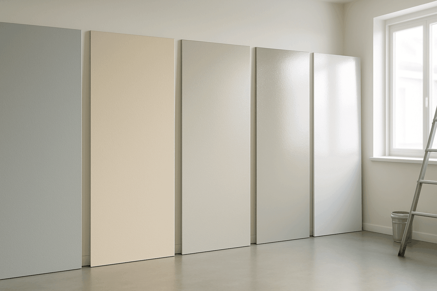 Selection of paint finish samples on wall panels in well-lit room