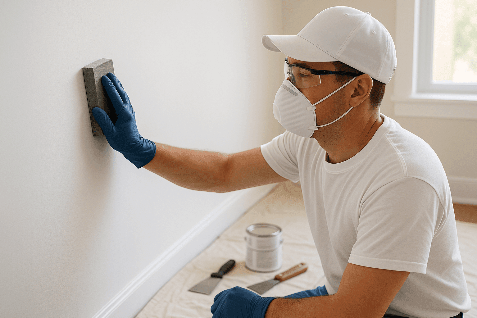 Professional painter preparing wall surface with sanding block and drop cloth