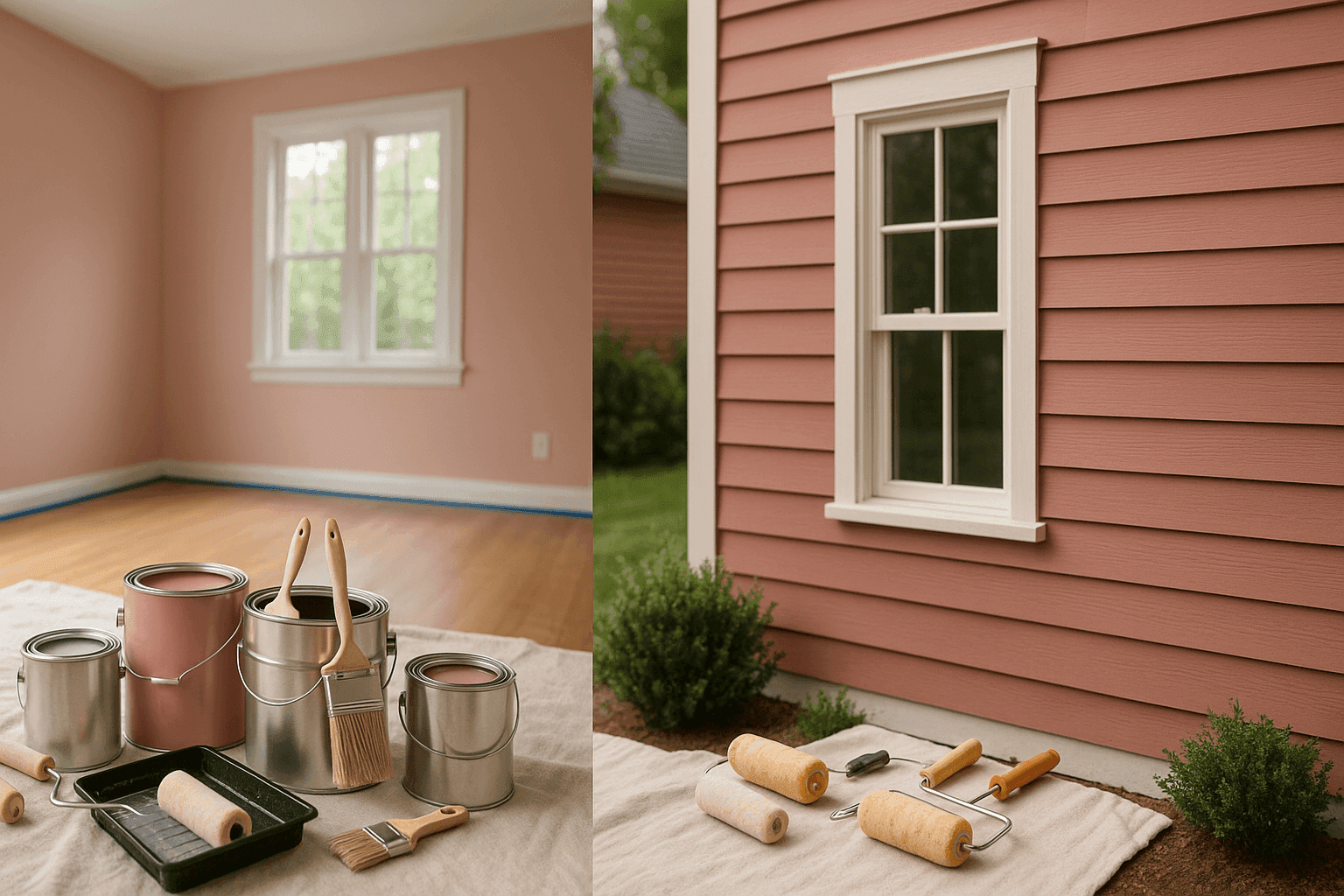 Side-by-side view of interior and exterior painted walls with paint supplies