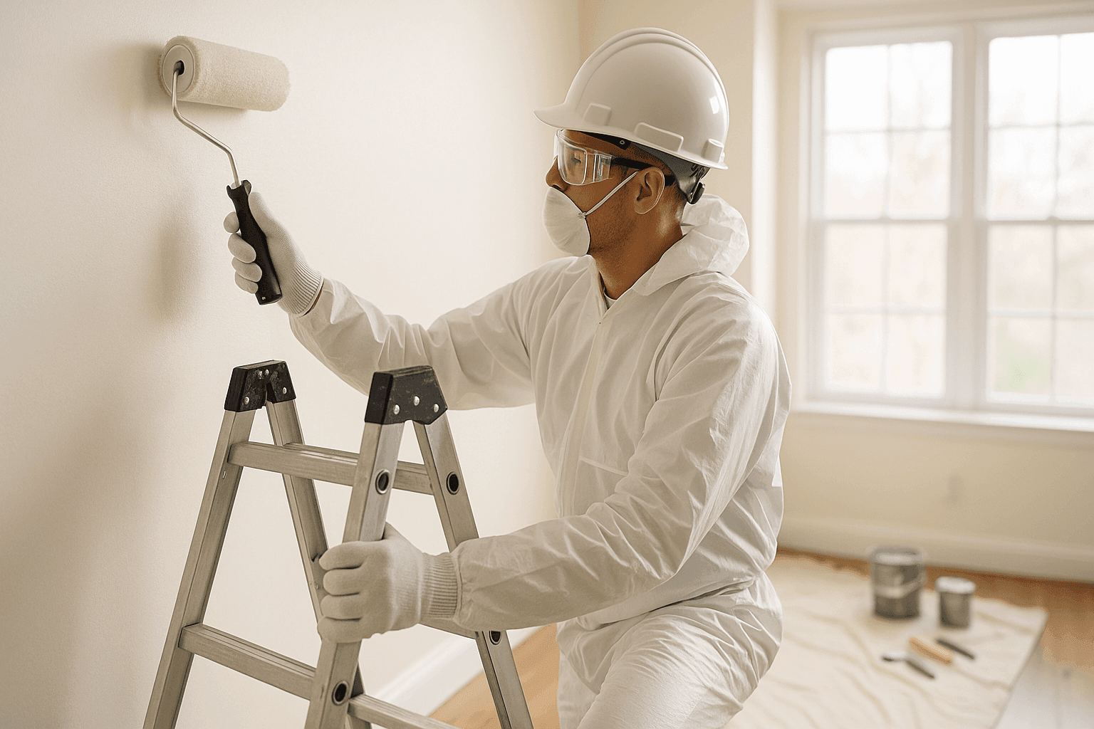 Professional painter using ladder and roller with safety gear in bright room
