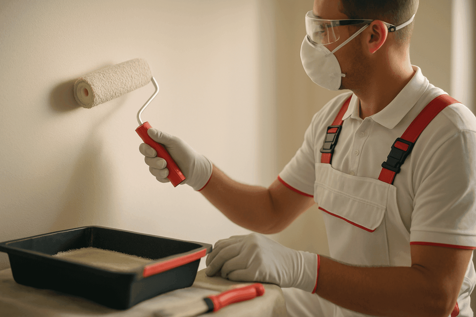 Professional painter wearing PPE applying paint with roller on clean interior wall