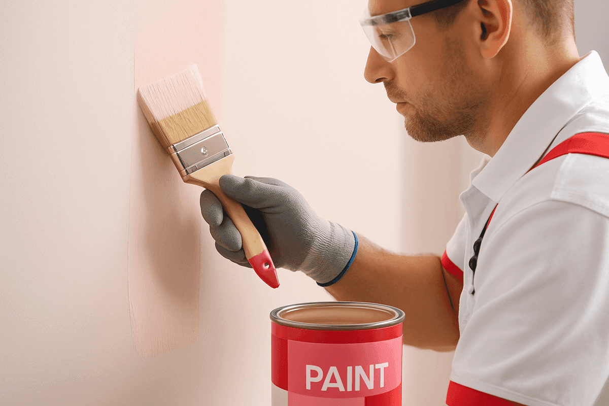 Close-up of painter’s gloved hands brushing soft pink paint on smooth interior wall